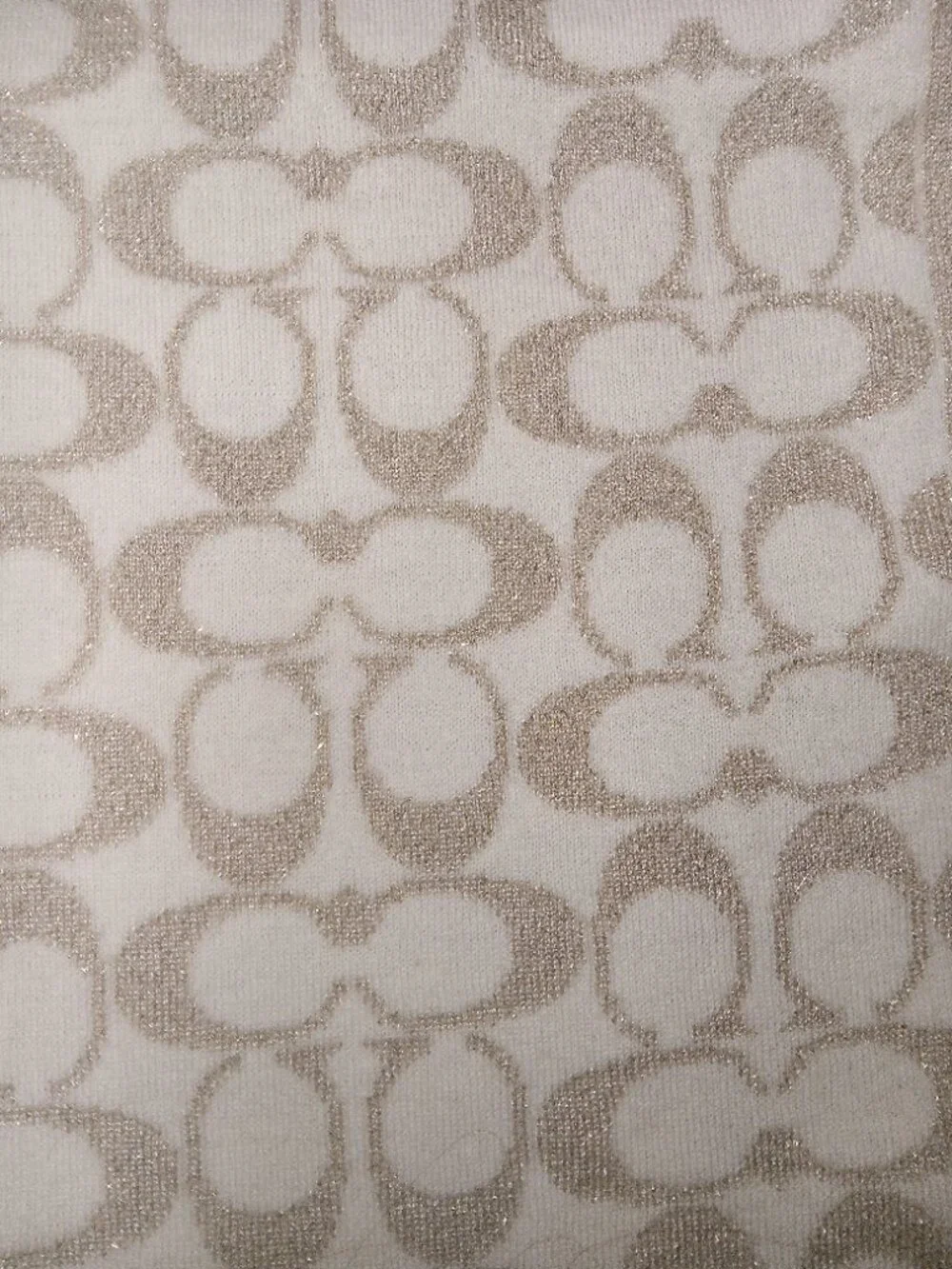Coach Glitter Monogram Print Wool Blend Scarf beige/tan/gold EUC 48inches